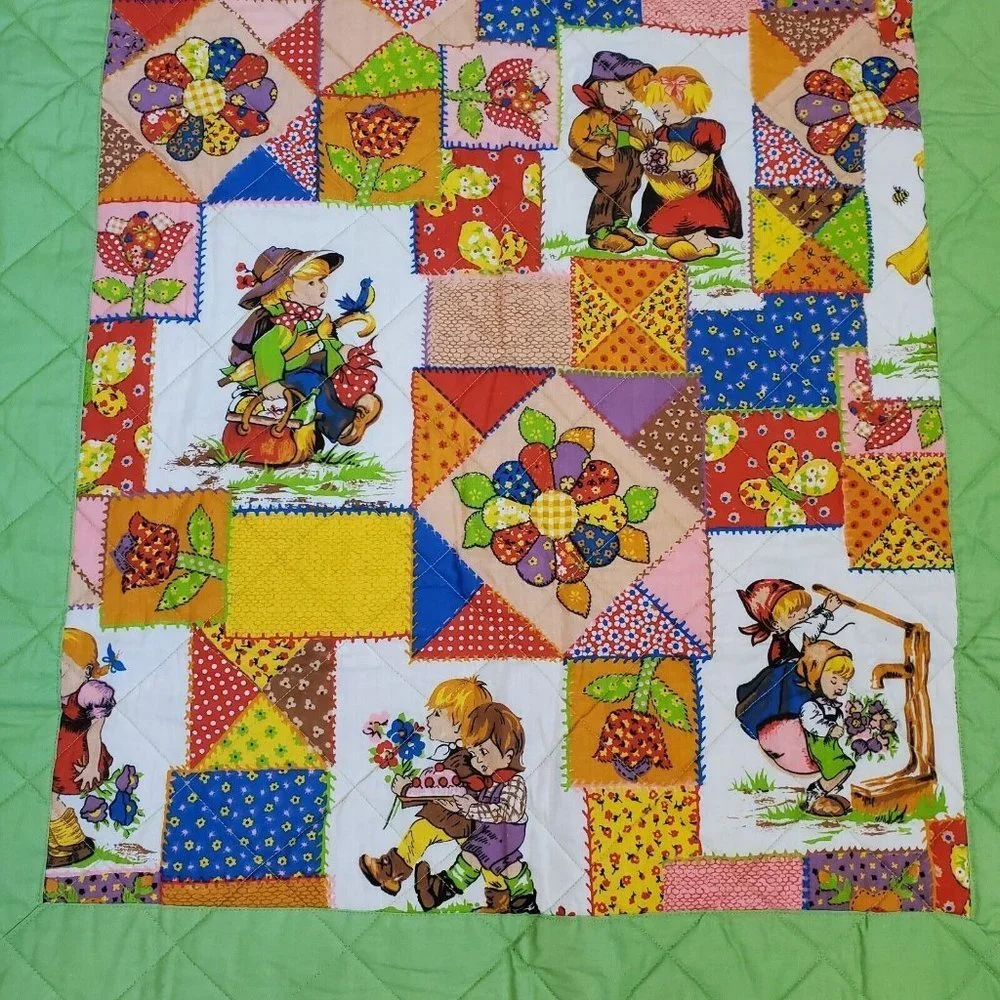 Vintage 70s Patchwork Green Retro Baby Blanket Quilt Crib Comforter Floral 35x53